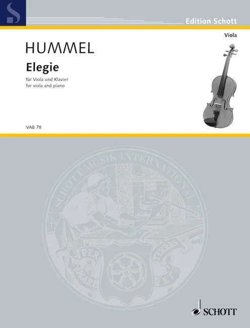 Couverture d'un recueil de partitions des Éditions Schott, avec une photo d'un alto, intitulée « Hummel, Élégie, pour alto et piano »