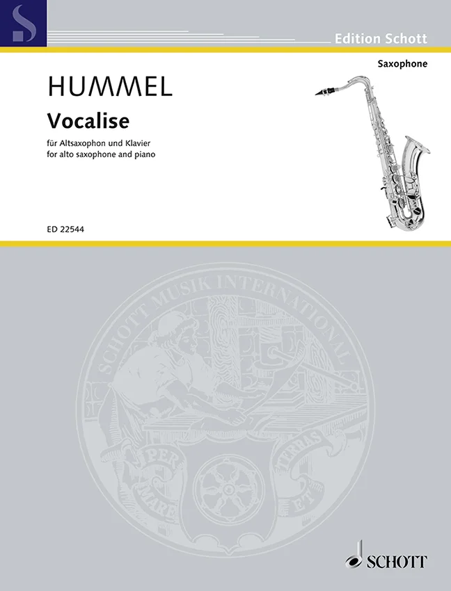 Notenheft-Cover der Edition Schott mit Foto eines Saxophons, Titel „Hummel, Vocalise, für Altsaxophon und Klavier“