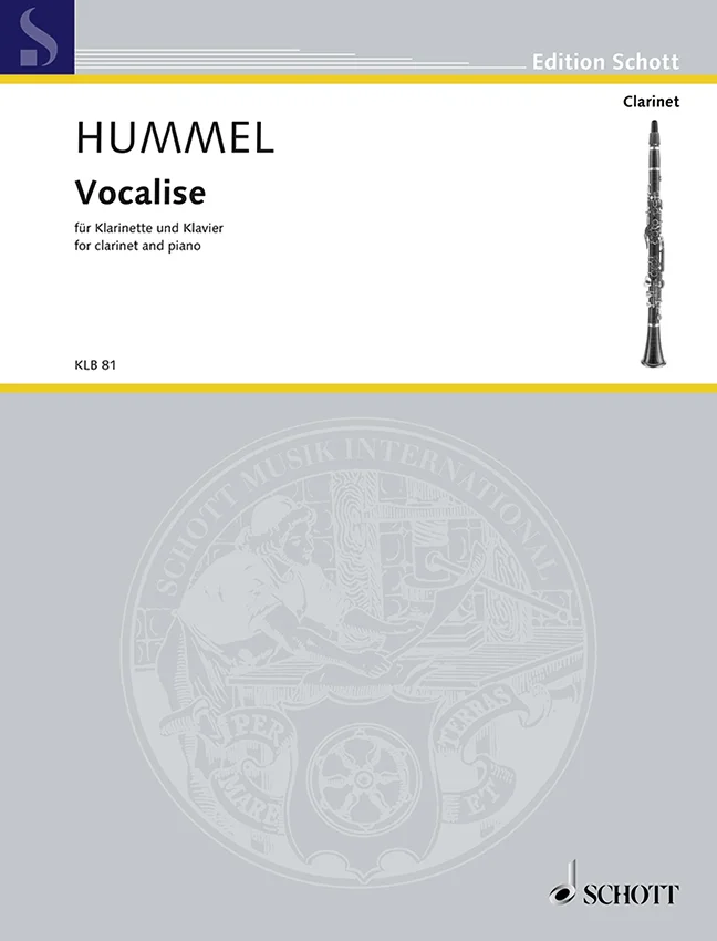 Notenheft-Cover der Edition Schott mit Foto einer Klarinette, Titel „Hummel, Vocalise, für Klarinette und Klavier“