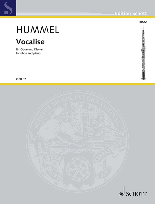 Couverture d'un recueil de partitions de l'édition Schott avec une photo d'un hautbois, intitulé « Hummel, Vocalise, pour hautbois et piano »