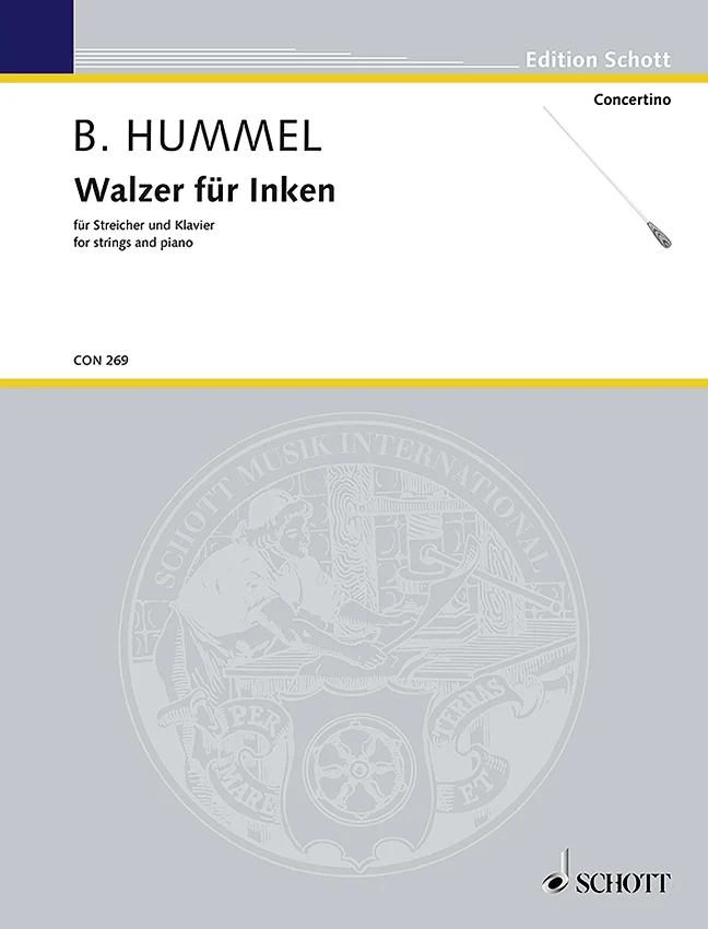 Couverture d'un recueil de partitions de l'Édition Schott, ornée d'un dessin représentant une baguette de chef d'orchestre, intitulée « B. Hummel, Valse pour Inken, pour cordes et piano », collection Concertino
