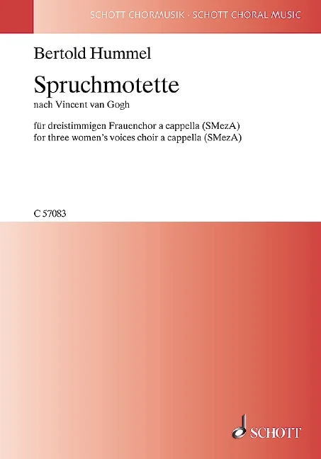 Couverture rouge du recueil de partitions Schott Chormusik, titre : « Bertold Hummel, Motet sur un vers de Vincent van Gogh, pour chœur de femmes à trois voix a cappella (SMezA) »