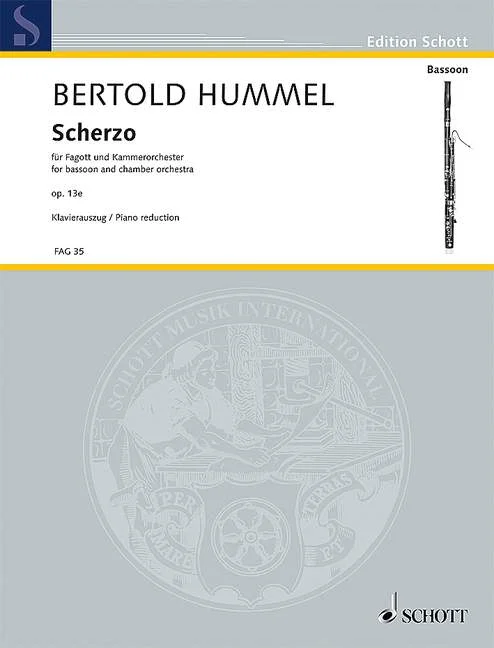 Couverture grise d'un recueil de partitions des Éditions Schott, intitulé « Bertold Hummel, Scherzo, pour basson et orchestre de chambre, op. 13e, réduction pour piano »
