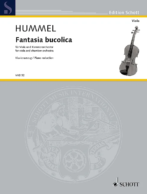 Graues Notenheft-Cover der Edition Schott, Titel „Bertold Hummel, Fantasia bucolica, für Viola und Kammerorchester, Klavierauszug/Piano reduction“