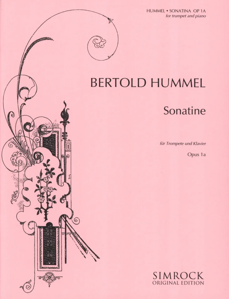 Couverture de partition rose ornée d'un motif décoratif en volutes, titre « Hummel, Sonatine, op. 1a, pour trompette et piano, Bertold Hummel, Sonatine, pour trompette et piano, opus 1a », édition originale Simrock