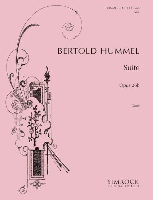 Couverture rose et ornée d'un motif décoratif d'un recueil de partitions, titre « Bertold Hummel, Suite, opus 26b, hautbois », édition originale Simrock