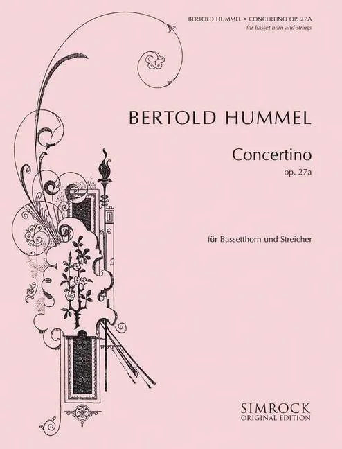 A pink, ornately decorated music book cover, titled ‘Bertold Hummel, Concertino, Op. 27a, for basset horn and strings’, Simrock Original Edition