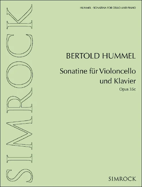 Hellgrünes Notenheft-Cover, Titel „Bertold Hummel, Sonatine für Violoncello und Klavier, Opus 35c“, Verlag Simrock