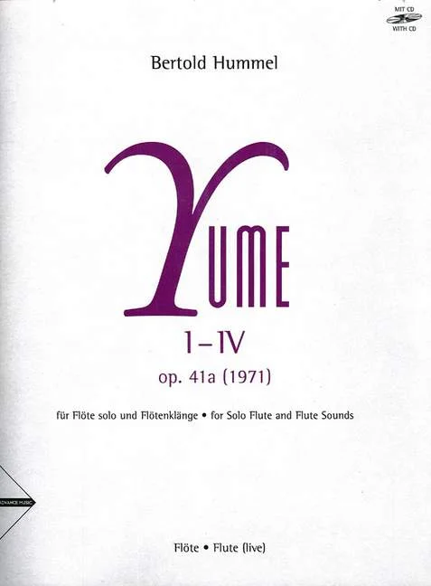 Couverture blanche de cahier de musique avec un grand lettrage violet « Yume », titre « Bertold Hummel, Yume 1–IV, op. 41a (1971), pour flûte seule et sons de flûte / for Solo Flute and Flute Sounds, flûte / Flute (live), avec CD / with CD »
