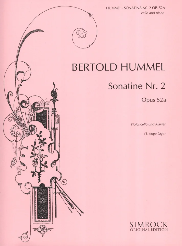 Couverture rose et ornée d'un motif décoratif, titre : « Bertold Hummel, Sonatine n° 2, opus 52a, violoncelle et piano (1re position serrée) », édition originale Simrock