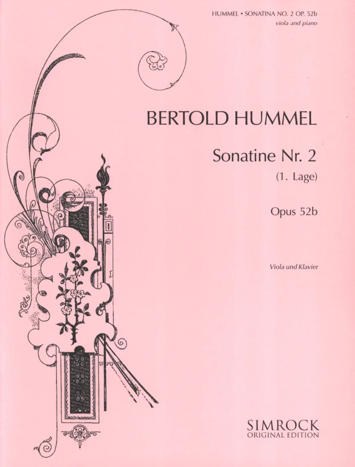 A pink, ornately decorated sheet music cover, titled ‘Bertold Hummel, Sonatina No. 2 (1st position), Opus 52b, for viola and piano’, Simrock Original Edition