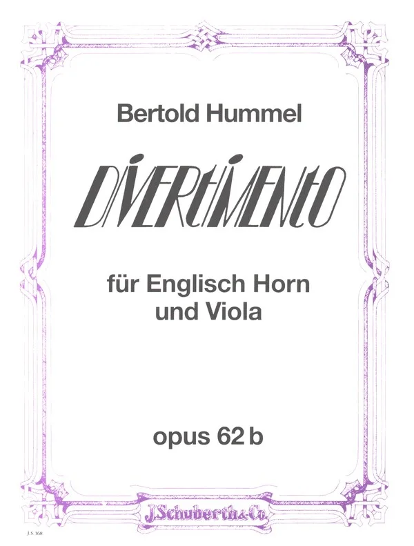 White music book cover with purple decoration, title: ‘Bertold Hummel, Divertimento for English horn and viola, Op. 62b’, published by J. Schuberth & Co.