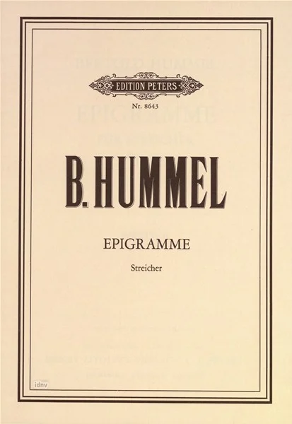 Couverture de cahier de partitions couleur crème des éditions Peters, intitulé « B. Hummel, Epigrammes, cordes »