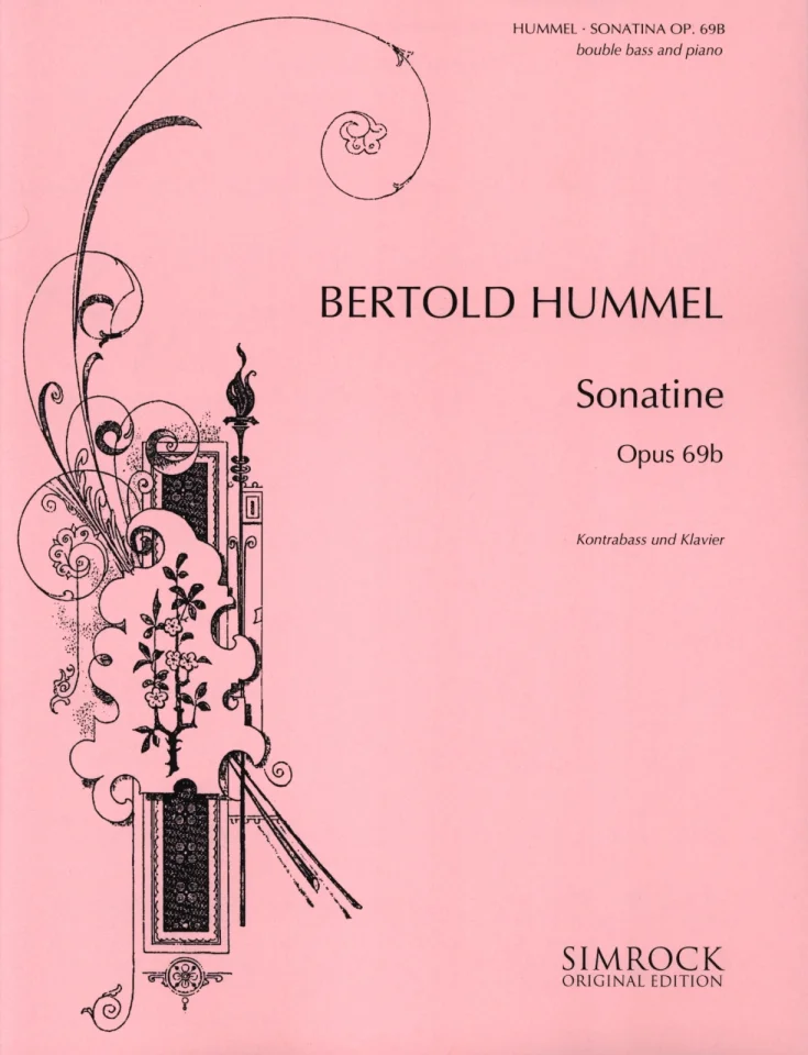 Couverture rose et ornée d'un motif décoratif, titre : « Bertold Hummel, Sonatine, opus 69b, contrebasse et piano », édition originale Simrock