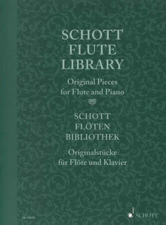 Dunkelgrünes, ornamental gemustertes Notenheft-Cover, Titel „Schott Flute Library – Schott Flöten Bibliothek, Original Pieces for Flute and Piano – Originalstücke für Flöte und Klavier“
