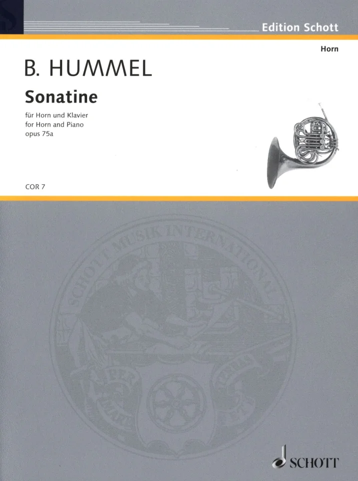 Grey Edition Schott music book cover featuring a photograph of a horn, titled ‘B. Hummel, Sonatina, for Horn and Piano, Opus 75a’