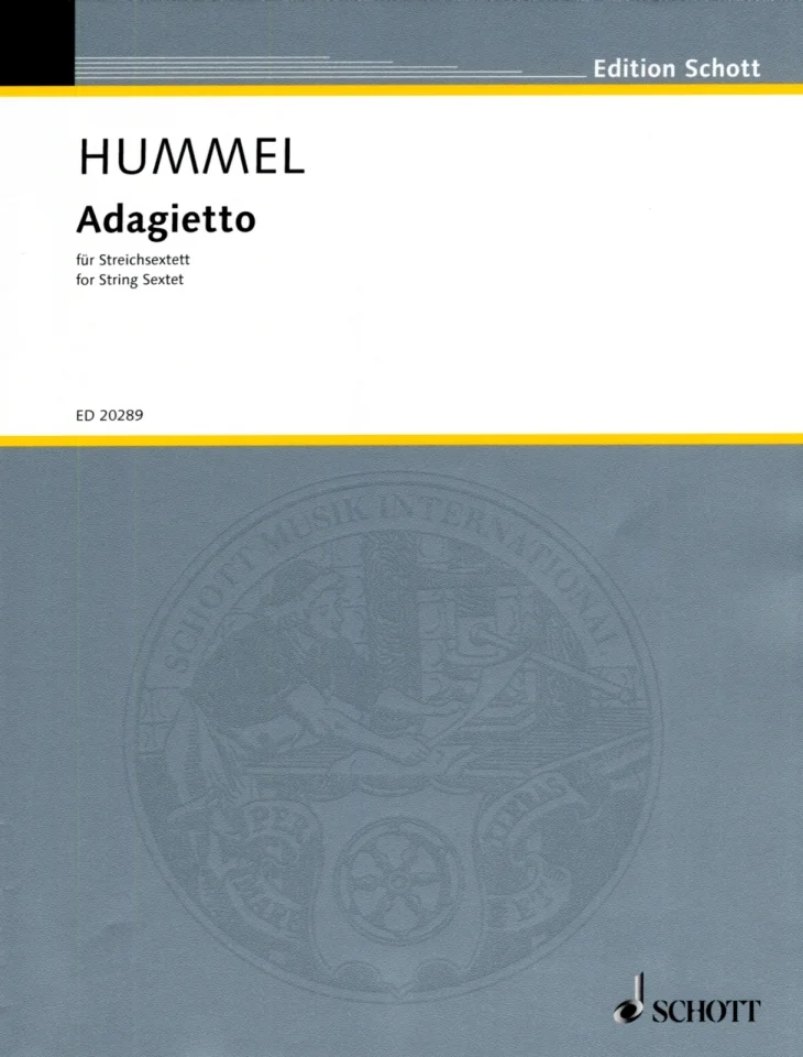 Grey music book cover from Edition Schott, titled ‘Hummel, Adagietto, for string sextet’