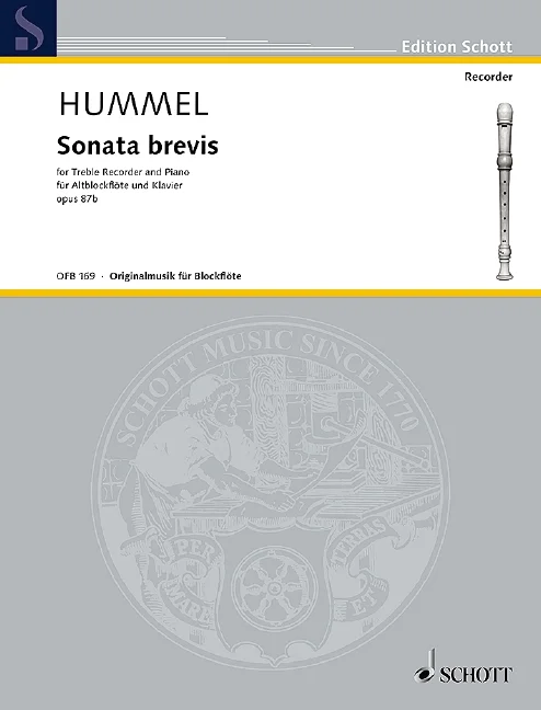 Grey Edition Schott music book cover featuring a drawing of a recorder, titled ‘Hummel, Sonata brevis, for Treble Recorder and Piano/for Alto Recorder and Piano, Op. 87b’