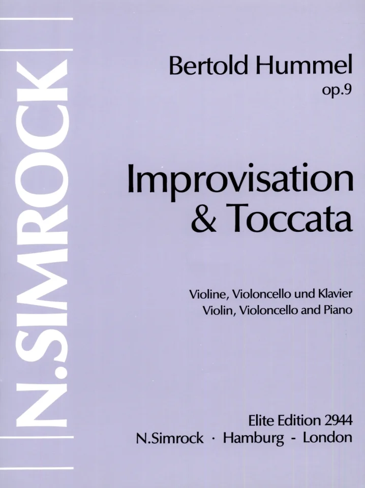 Violettes, schlichtes Notenheft-Cover, Titel „Bertold Hummel, op. 9, Improvisation & Toccata, Violine, Violoncello und Klavier/Violin, Violoncello and Piano“, Elite Edition, N. Simrock Hamburg-London