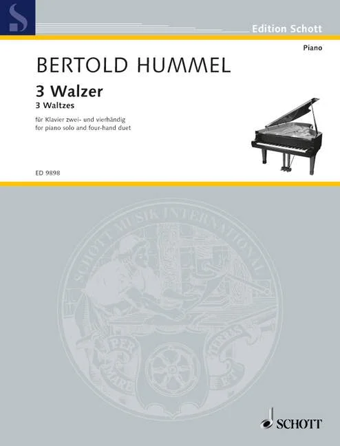 Couverture grise d'un recueil de partitions des Éditions Schott, avec une photo d'un piano à queue, intitulée « Bertold Hummel, 3 valses – 3 Waltzes, pour piano à deux et quatre mains / for piano solo and four-hand duet »