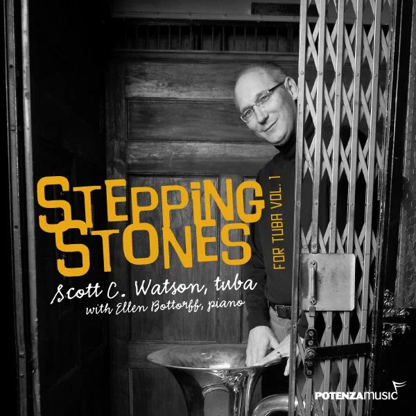 Pochette du CD « Stepping Stones for Tuba Vol. 1 » (Potenza Music) avec Scott C. Watson (tuba) et Ellen Bottorff (piano) ; photo prise dans un vieil ascenseur.
