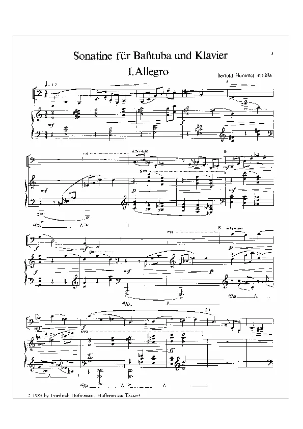 Bertold Hummel: Sonatine für Basstuba, op. 81a, 1 (Noten)