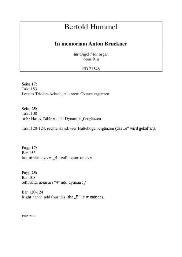 Bertold Hummel : In memoriam Anton Bruckner pour orgue, op. 91a (Errata)