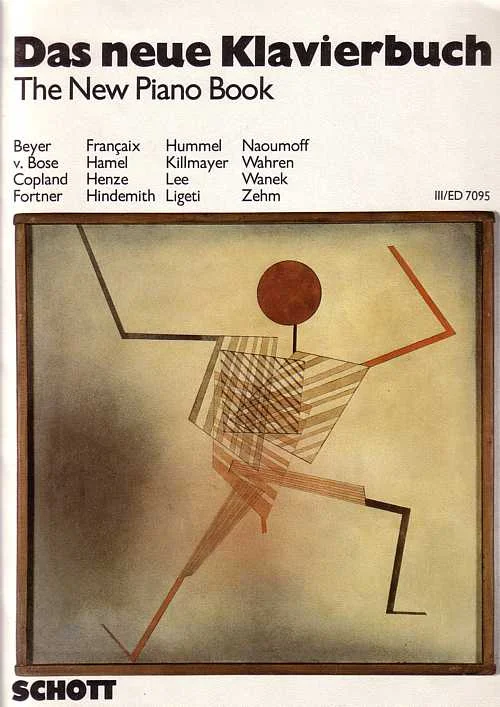 Music book cover featuring an abstract drawing of a figure running, titled ‘Das neue Klavierbuch – The New Piano Book’, featuring composers such as Beyer, Copland, Henze, Hindemith, Hummel, Ligeti and others, published by Schott