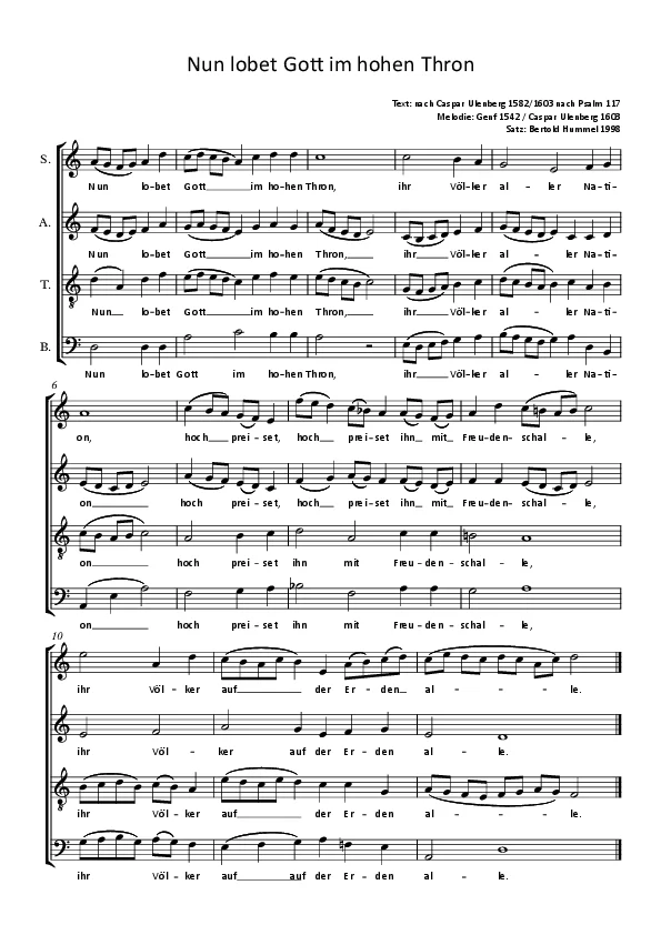Bertold Hummel: Now Praise God on His High Throne (Melody: Geneva 1542) (1998, SATB, cantus firmus varying)