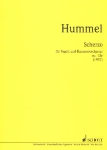 Couverture jaune d'un recueil de partitions des Éditions Schott, intitulé « Hummel, Scherzo, pour basson et orchestre de chambre, op. 13e (1957) »