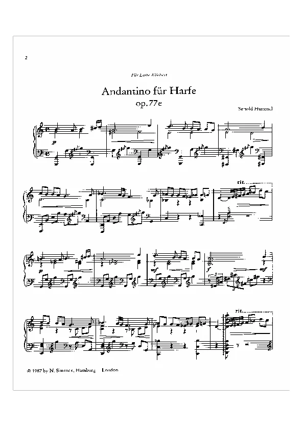 Bertold Hummel : Andantino pour harpe, op. 77e (partition)