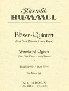 Cream-coloured music book cover, title: ‘Bertold Hummel, Woodwind Quintet (flute, oboe, clarinet, horn & bassoon) – Woodwind Quintet, Study Score’, published by N. Simrock, Hamburg-London