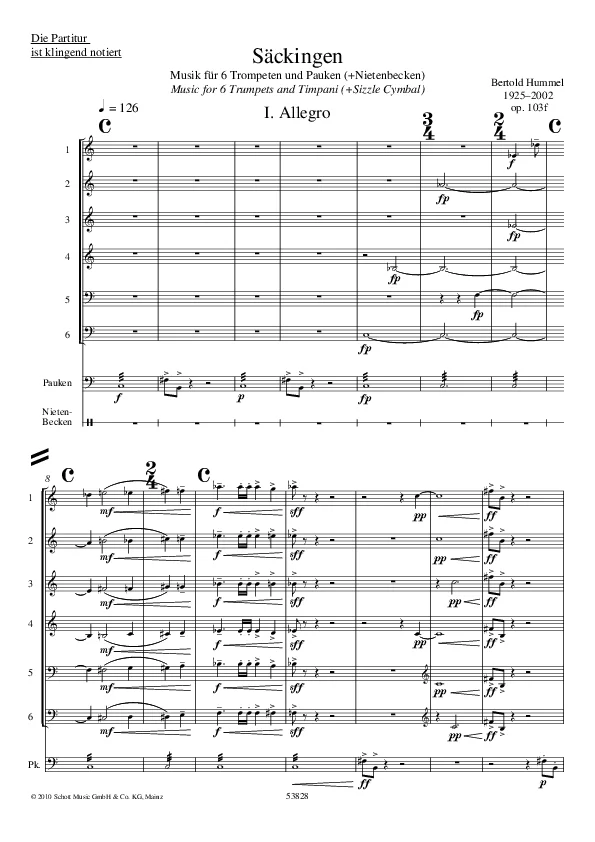 Bertold Hummel: Säckingen for 6 trumpets, Op. 103f, No. 1 (sheet music)