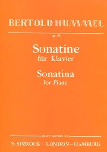 Couverture de partition orange, titre « Bertold Hummel, op. 56, Sonatine pour piano – Sonatina for Piano », édition Elite, éditions N. Simrock Londres-Hambourg