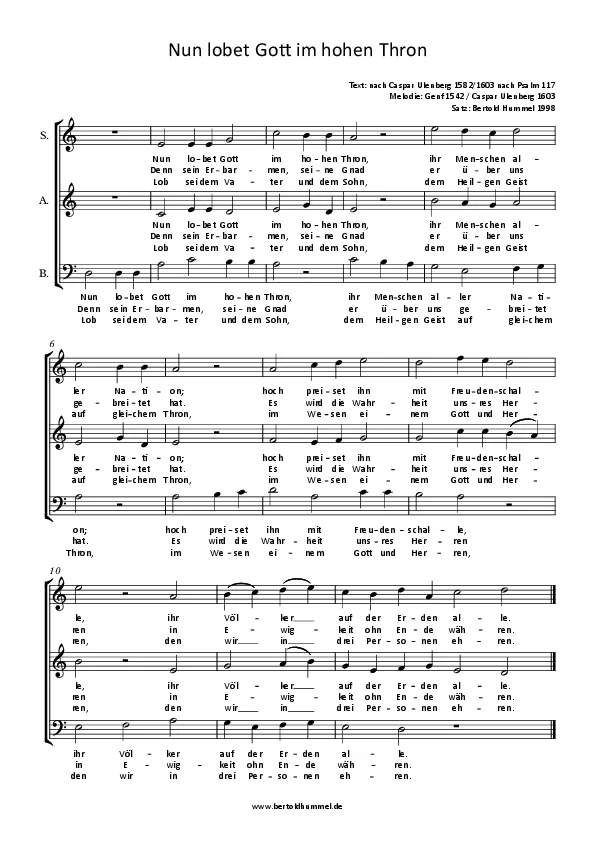 Bertold Hummel: Now Praise God on His High Throne (Melody: Geneva 1542) (1998, SAB, cantus firmus bass)