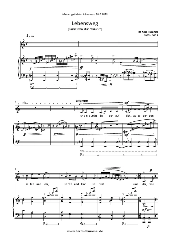 Bertold Hummel: Lebensweg (Text: Börries von Münchhausen), für Singstimme und Klavier (Originaltonart)