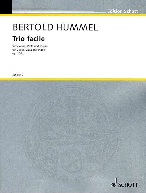 Grey music book cover from Edition Schott, titled ‘Bertold Hummel, Trio facile, for violin, viola and piano, Op. 101a’