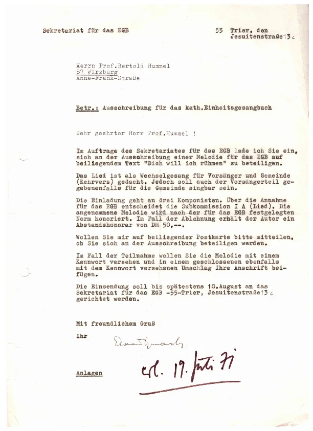 Bertold Hummel: Dich will ich rühmen (Korrespondenz)