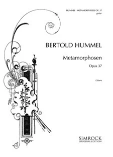 Couverture blanche et décorée de motifs ornementaux d'un recueil de partitions, intitulé « Bertold Hummel, Métamorphoses, opus 37, guitare », édition originale Simrock