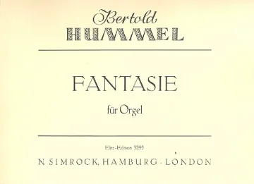 Cremefarbenes Notenheft-Cover mit kalligrafischer Schrift, Titel „Bertold Hummel, Fantasie für Orgel“, Elite Edition, Verlag N. Simrock Hamburg-London