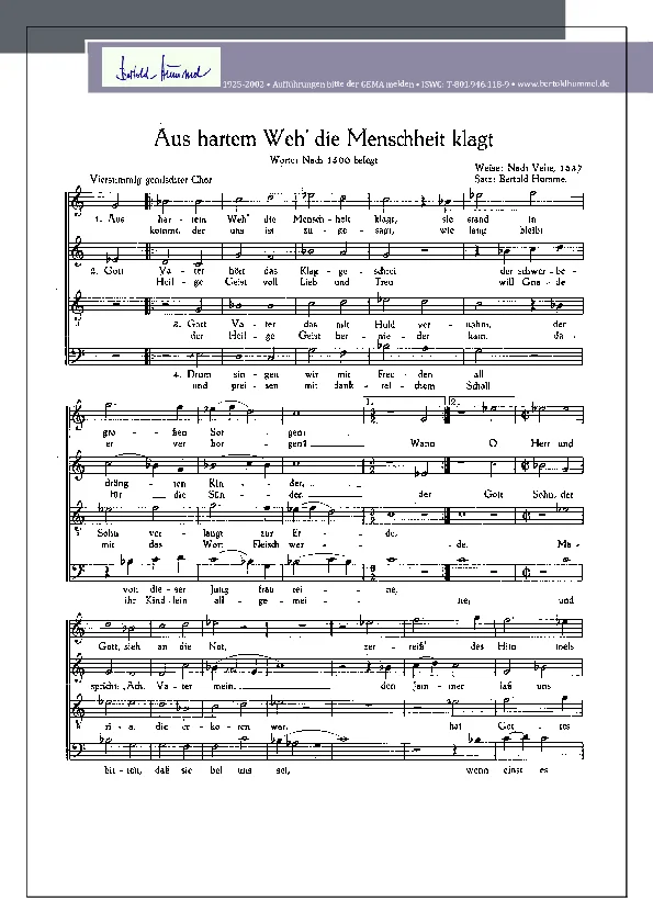 Bertold Hummel: Aus hartem Weh (Chorsatz)
