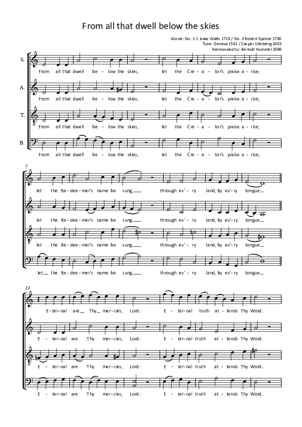 Bertold Hummel: Now Praise God on His High Throne (Melody: Geneva 1542) (English version: ‘From all that dwell below the skies’)