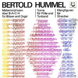Pochette du disque « Bertold Hummel : Métamorphoses sur B-A-C-H pour instruments à vent et orgue, Yume pour flûte et bande magnétique, Figures sonores pour cordes » ; motif composé d’extraits de partitions en couleur.