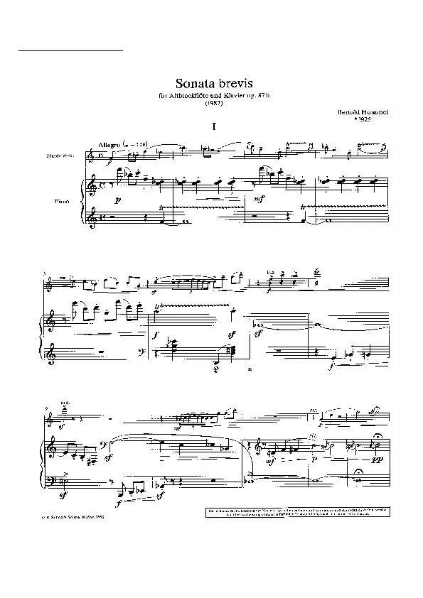 Bertold Hummel: Sonata brevis for recorder, Op. 87b, No. 1 (sheet music)