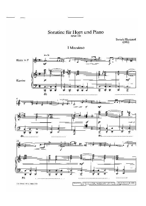 Bertold Hummel: Sonatina for Horn, Op. 75a, No. 1 (sheet music)
