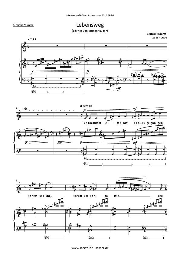 Bertold Hummel: Lebensweg (Text: Börries von Münchhausen), für Singstimme und Klavier (hohe Stimme)