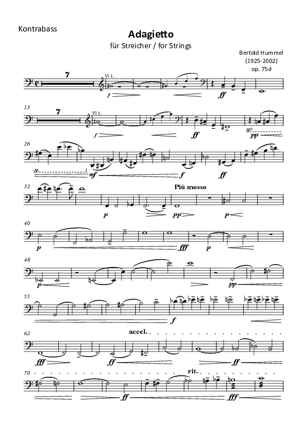 Bertold Hummel: Adagietto for string sextet, Op. 75d (double bass part)