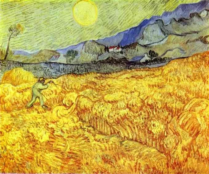 Tableau « Le Faucheur » (Reaper) de Vincent van Gogh, 1889 : un paysan muni d’une faux dans un champ de blé doré, avec en arrière-plan des montagnes sous un soleil éclatant (en référence à l’opus 84 de Bertold Hummel)