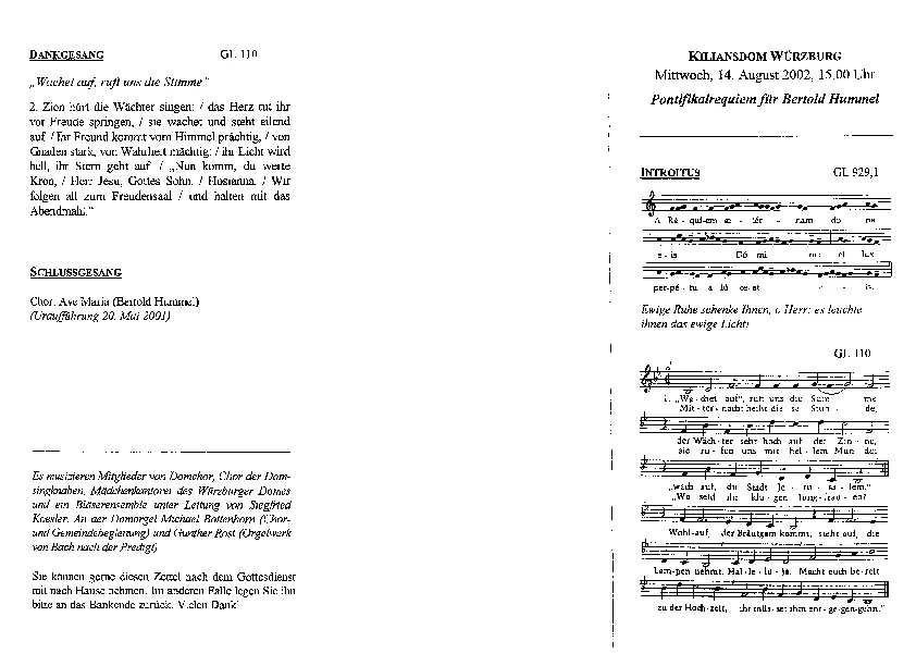 Bertold Hummel: *Missa laudate pueri*, Op. 98b, programme for the world premiere