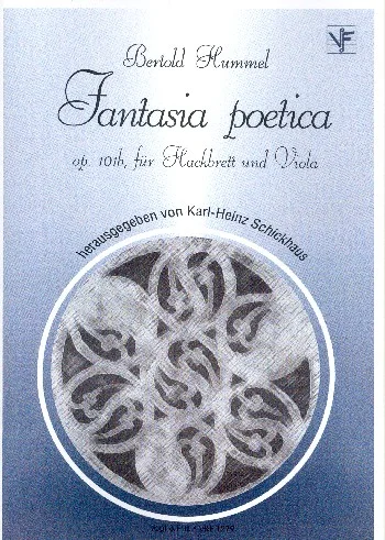 Blue music book cover with a circular ornamental motif, titled ‘Bertold Hummel, Fantasia poetica, Op. 10b, for dulcimer and viola, edited by Karl-Heinz Schickhaus’, published by Vogt & Fritz